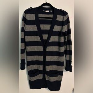 Vince Womens Cashmere Navy Gray Stripe Long Cardigan Button Up Front‎ Pockets XS